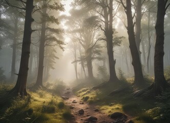 Naklejka premium Soft morning light filters through fog-covered ancient woods , rustic, magical