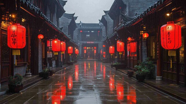 Rainy alleyway of ancient Chinese town.