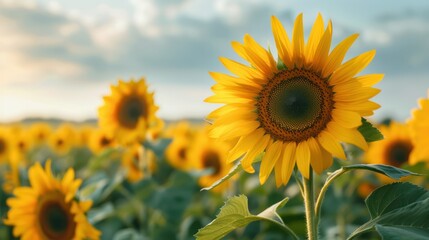 Wide-angle view of a vibrant sunflower field under blue sky with fluffy clouds du daytime, showcasing lush green leaves and bright yellow blossoms in full bloom