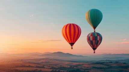Fototapeta premium Vibrant Hot Air Balloons Floating Over Scenic Countryside at Sunset in Bright Colors with Clear Sky and Mountain Range Background for Adventurous Travel Experience