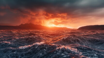 Obraz premium Dramatic sunset over turbulent ocean waves with dark stormy clouds and fiery orange glow reflecting on choppy water surface du stormy weather
