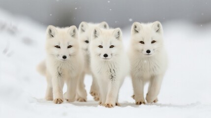 Fototapeta premium Pack of Five Adorable White Siberian Huskies Puppies Running Through Snow in Cold Winter Landscape with Snowflakes Falling and Blurred Background