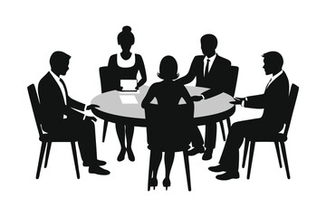 Business Team Meeting Silhouette Vector Around Round Table on White