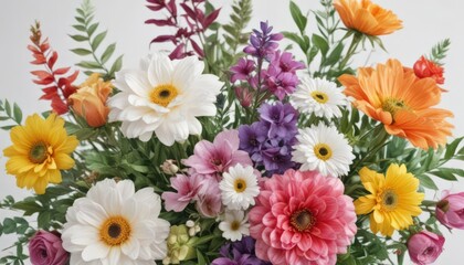 Close-up, colorful watercolor flower arrangement, white backdrop , realistic, leaves, delicate