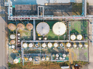 Chemical Plant Aerial View Storage Tanks and Pipes