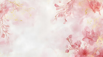 Obraz premium Floral pattern watercolor background with soft white base. Soft pink brush strokes and elegant gold accents. Abstract floral background.