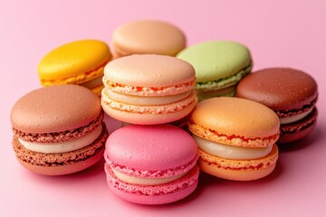 Fototapeta premium Colorful macarons displayed on a pink surface create a delightful and inviting dessert arrangement perfect for any occasion