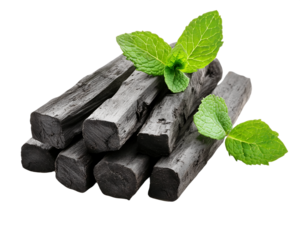 Black Charcoal Sticks and Fresh Mint Leaves, PNG