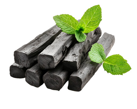 Black Charcoal Sticks and Fresh Mint Leaves, PNG