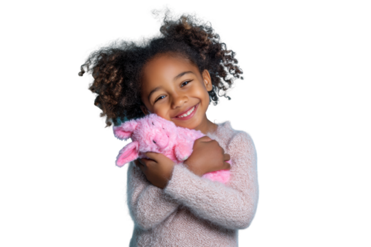 Happy african child holding pink plush toy with joyful expression, cut out