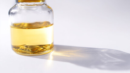 Sleek glass bottle with golden liquid placed on white surface, symbolizing weight loss medication, health supplement or detox drink concept. Minimalist and modern packaging design for wellness product