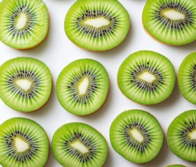 Fototapeta premium Freshly sliced kiwifruit arranged neatly on a white surface ready for healthy snacking or delicious recipes