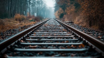 Railroad tracks vanishing into the foggy forest