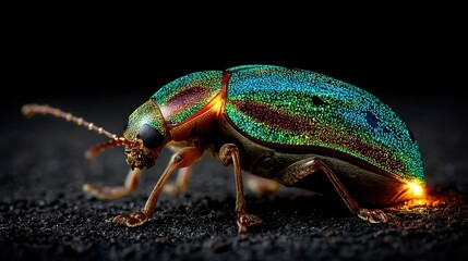 Fototapeta premium Iridescent Jewel Beetle on Dark Soil, Macro Insect