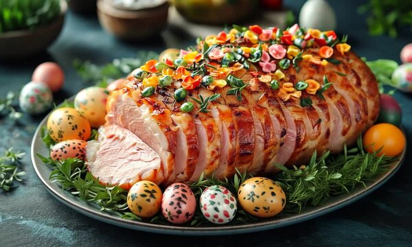 A beautifully garnished glazed ham surrounded by colorful Easter eggs on a festive table