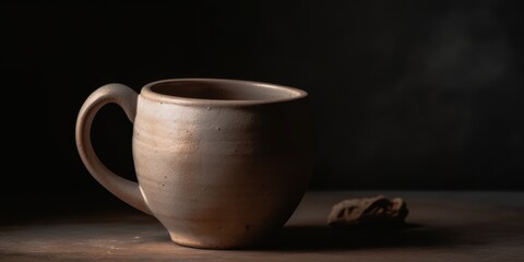 a coffee cup and cookie on a dark surface 