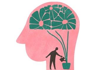 Human head with a man inside watering brain 