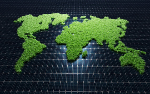 Fototapeta World map of grass on a big solar panel