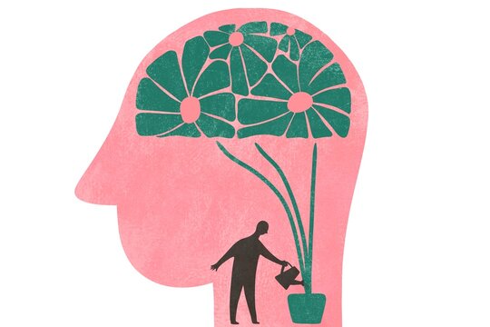 Human head with a man inside watering brain 