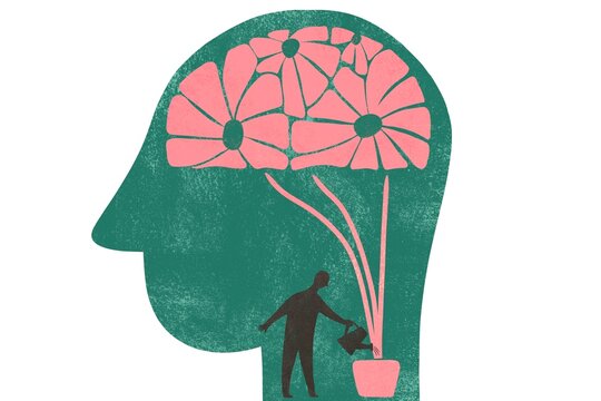 Human head with a man inside watering brain 