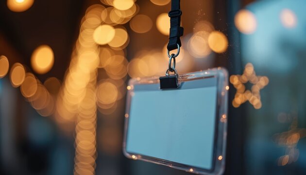 Close-up name tag hanging on a lanyard. Blurred festive lights bokeh in background. Badge for event with personal information, event accessory, workplace, conference meeting. Identity corporate.
