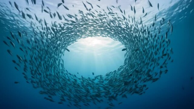 School of fish in a circular pattern underwater.