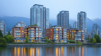 Fototapeta premium Modern high-rise buildings reflected in tranquil water.