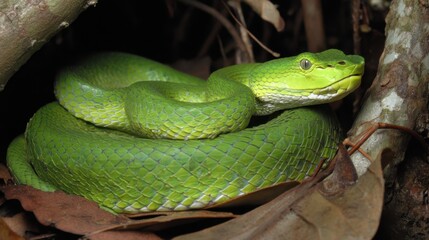 Fototapeta premium Emerald Viper Coiled in Forest Shade