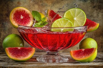 Vibrant red beverage in a glass bowl, surrounded by citrus fruits, including grapefruit and lime, with splashes of liquid Fresh mint leaves add a touch of freshness