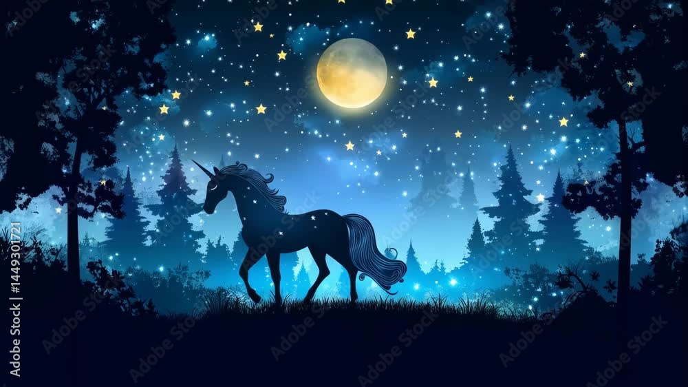 Wall mural fantasy illustration of a unicorn silhouette walking in an enchanted forest under a full moon and st