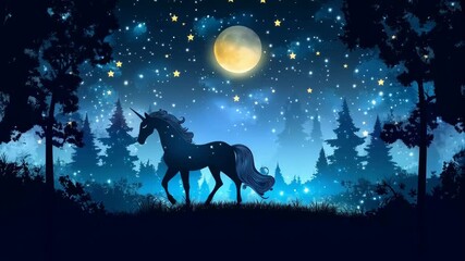 Fantasy illustration of a unicorn silhouette walking in an enchanted forest under a full moon and starry night sky