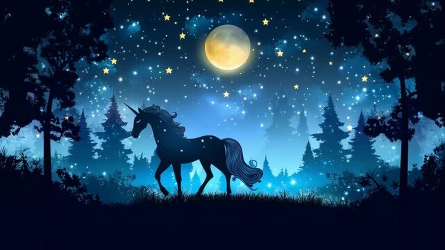 Fantasy illustration of a unicorn silhouette walking in an enchanted forest under a full moon and starry night sky