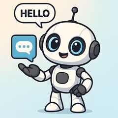 Fototapeta premium Cute Friendly Robot Assistant Saying Hello with Chat Icon - Cartoon Vector for Tech Support, Apps, Kids, AI, Chatbot UI