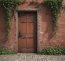 Weathered red brick wall, antique wooden door, climbing vines , building, masonry, nature