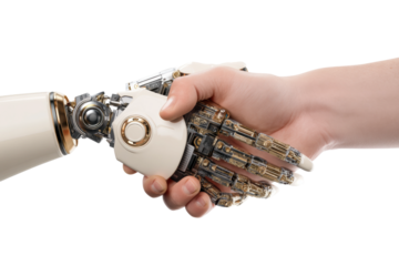 Human and robotic handshake symbolizing human-robot collaboration, cut out