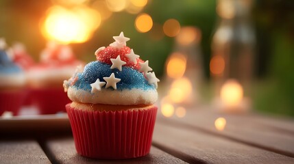 Red, white, and blue cupcake with star sprinkles, celebrating American Independence Day with festive joy
