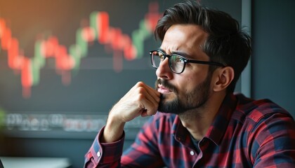 Thoughtful businessman looks stock charts, contemplating financial investment risks. Male person, glasses, beard, casual attire indoors. Analyzing market trends, financial decisions, money management