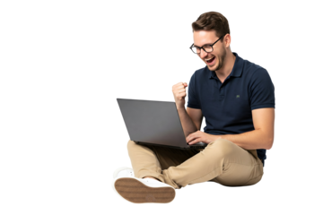 young man working on laptop raise fist high in celebration on transparent
