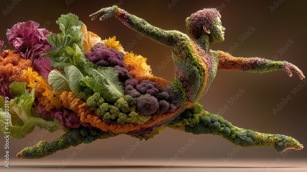 Poster individual constructed from beautiful flowers displaying graceful movement in a unique artistic danc
