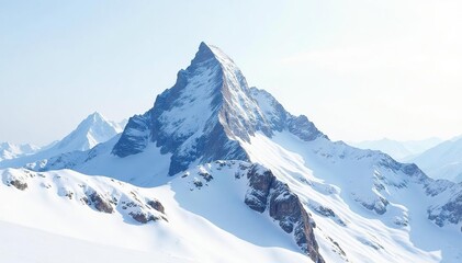 Snow-covered mountain peak against bright white sky, background, crisp, environment