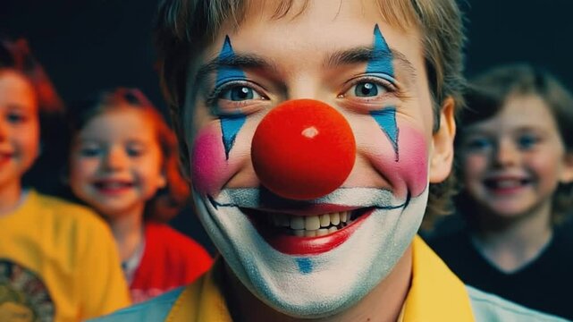 Clown's Cheerful Display: A clown's face, adorned with a bright red nose and cheerful smile, exudes joy and entertainment while children surround him. He captures the essence of laughter.