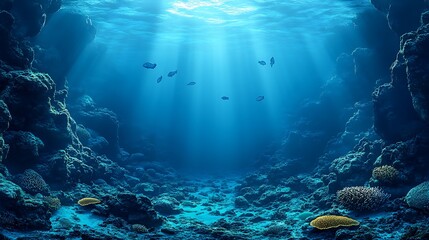Sunlit ocean floor with fishes swimming