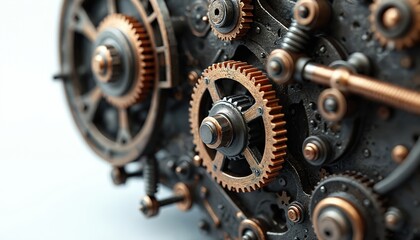 Steampunk metalwork construction with gears cogs. Science, metallic industry, vintage tool, workshop. Clockwork machinery design, mechanical, technology. Steampunk elements showcase innovation,
