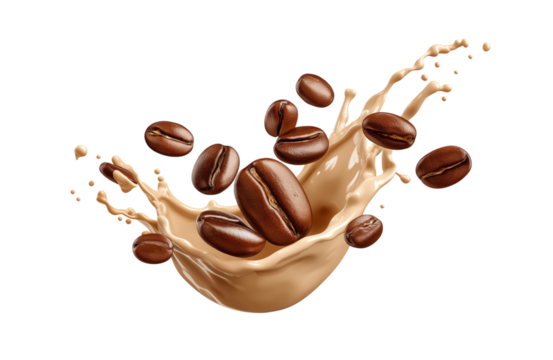 hot liquid coffee splash with Coffee Bean falling, 3d illustration.