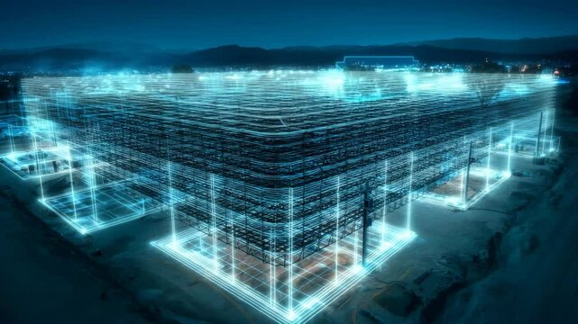 Futuristic aerial view of a building assembling from scaffolding to completion, enhanced with digital effects, holographic elements, cinematic lighting, and realistic textures - Powered by Adobe