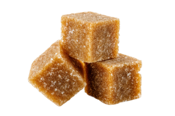 Close-up of brown sugar cubes on black background, cut out