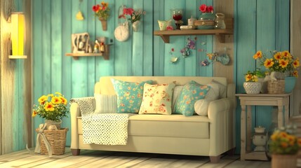 Cozy, rustic living room with floral accents