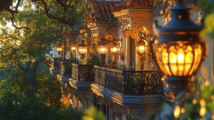 Fototapeta premium Ornate building facade with warm lighting and balconies.