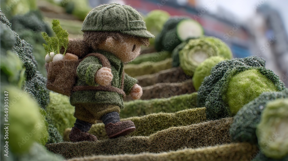 Poster a toy soldier buried in a pile of broccoli symbolizing playfulness and creativity in a whimsical set