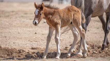 Newborn Dun Mustang Foal with Blaze, First Steps in Desert Sand